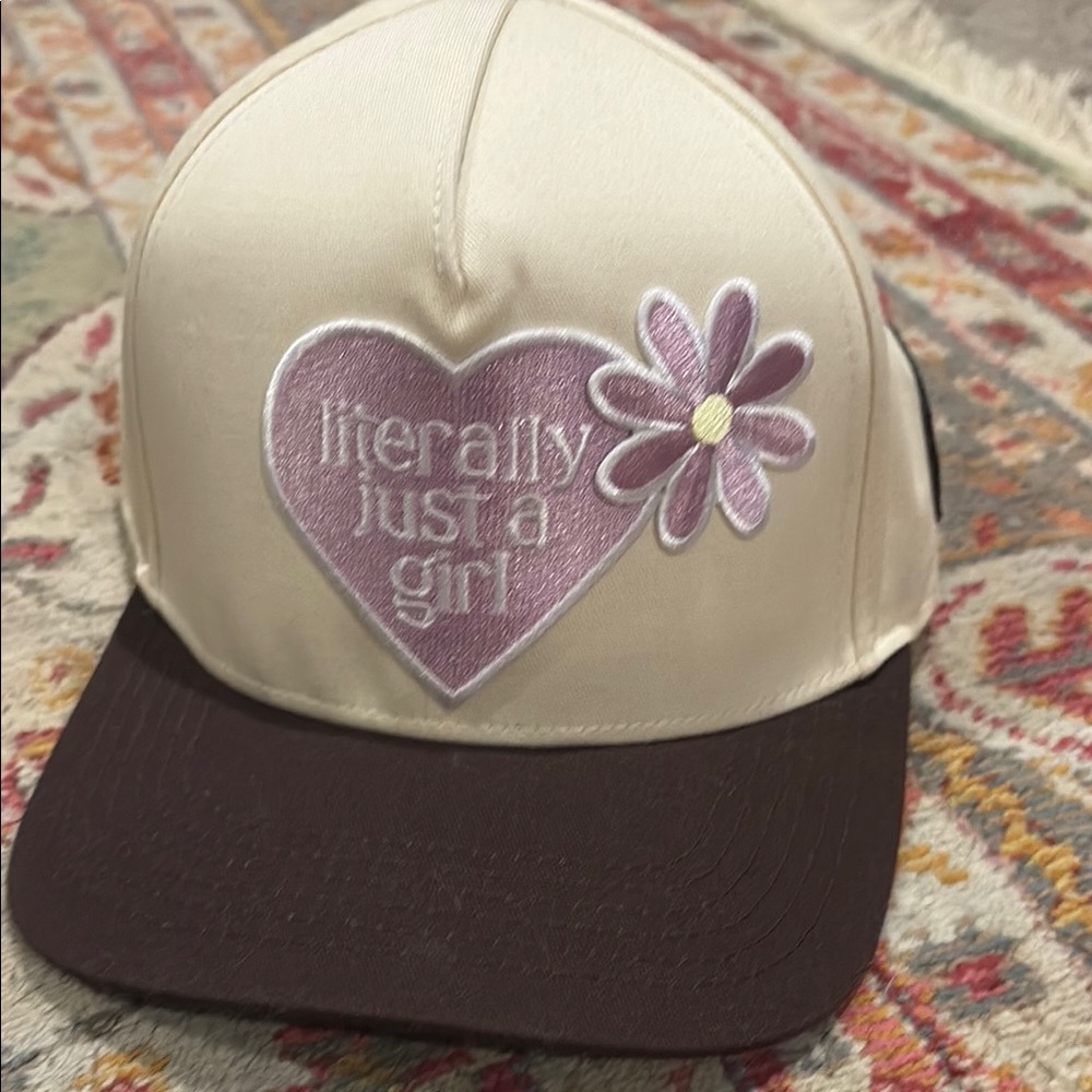 Cream and Brown Snapback Hat with Heart and Flower Design